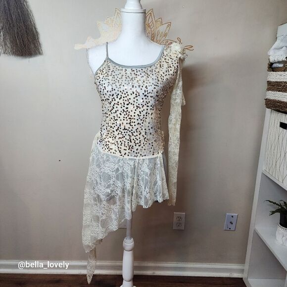 Sparkly! Adult Dance Performance Outfit Onesie White Lace Silver Sequence - Picture 1 of 6